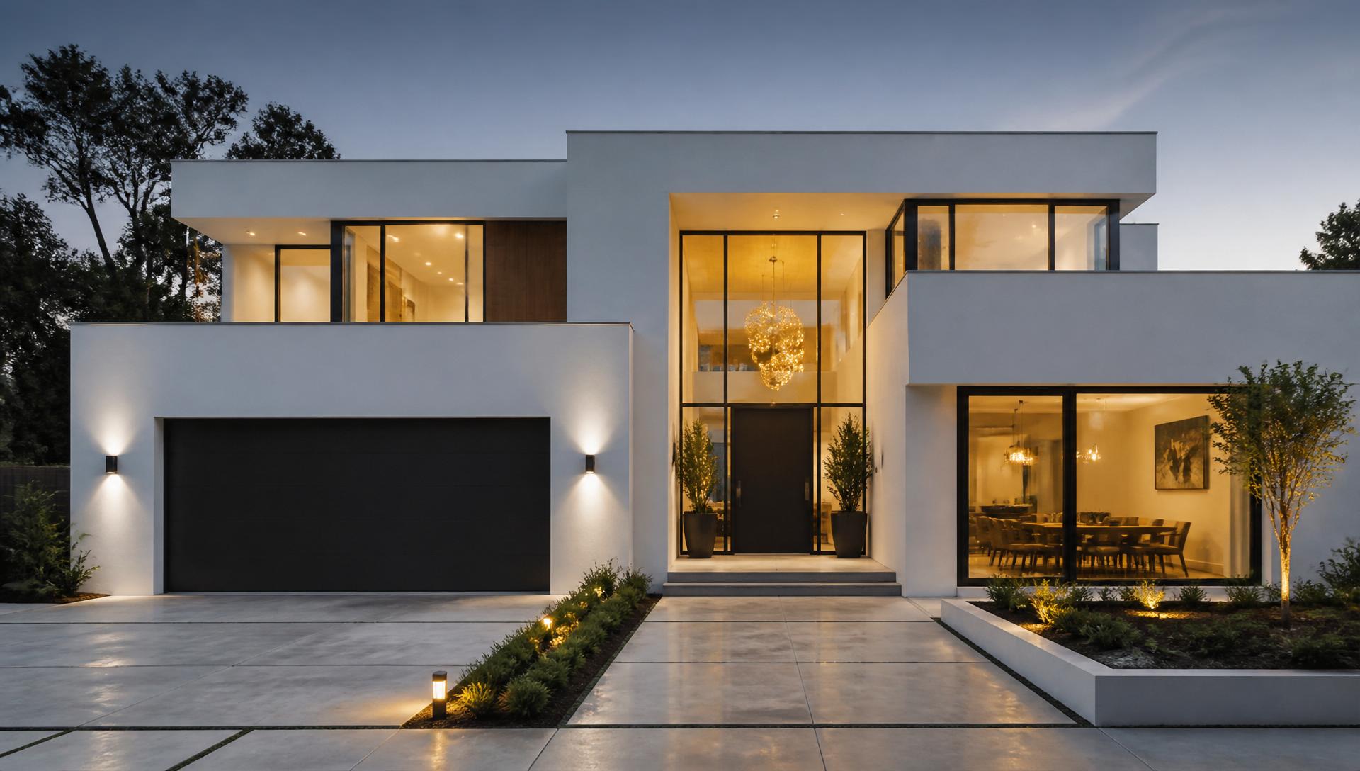 Modern minimalist white house exterior built by Smart Home Builders at dusk