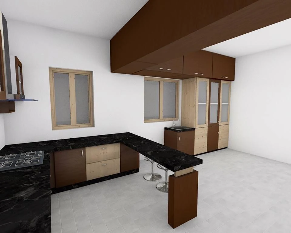 Modular kitchen interior with granite countertop and wooden cabinets